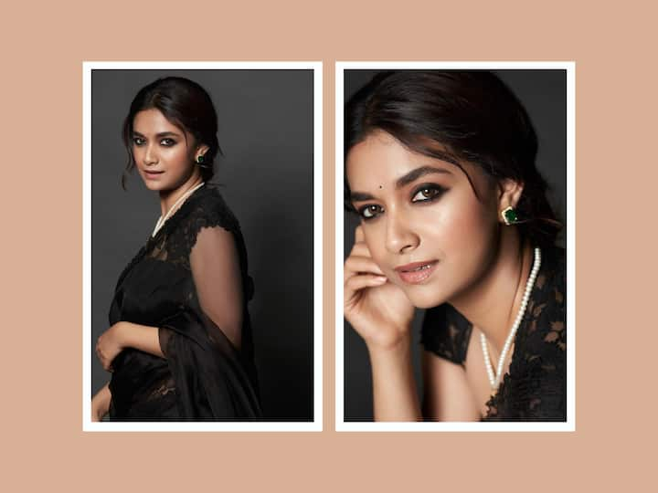 Keerthy looked stunning in the series of images that she recently posted on Instagram wearing a black organza saree and matching black lace blouse.