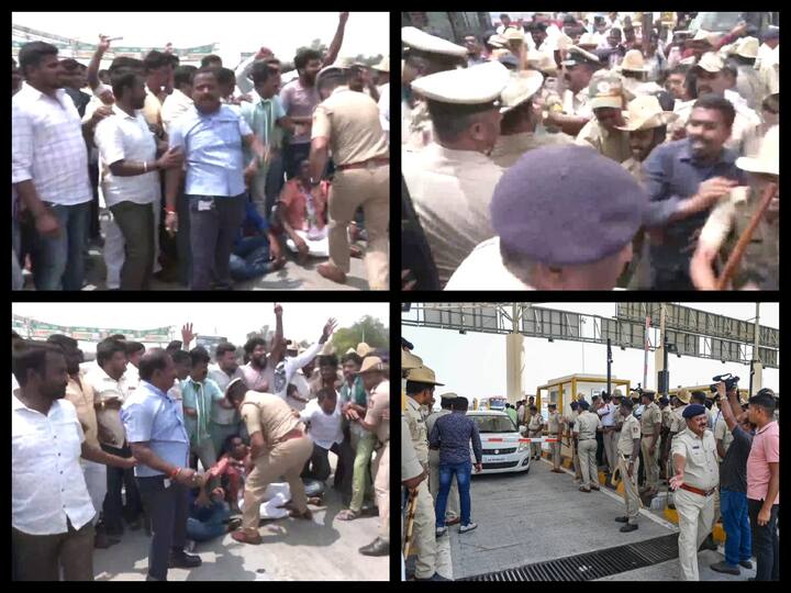 JD(S) workers staged a protest at the newly inaugurated Bengaluru-Mysuru Expressway at Kaniminike toll plaza over toll levied on motorists using the highway.