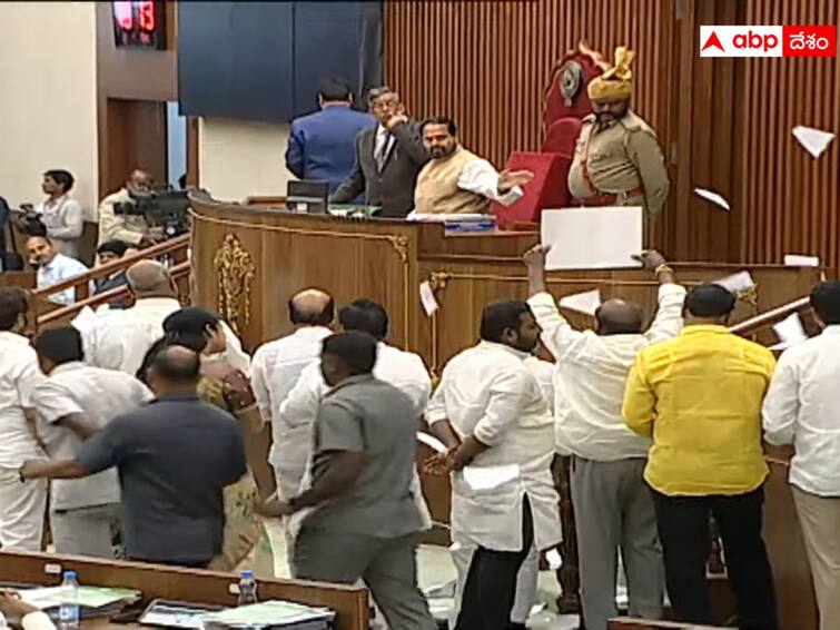 TDP members were suspended in the Andhra Pradesh Assembly for the second day as well బడ్జెట్ ప్రవేశ పెట్టక ముందే సభలో ఆందోళన-  రెండో రోజూ టీడీపీ సభ్యుల సస్పెండ్‌