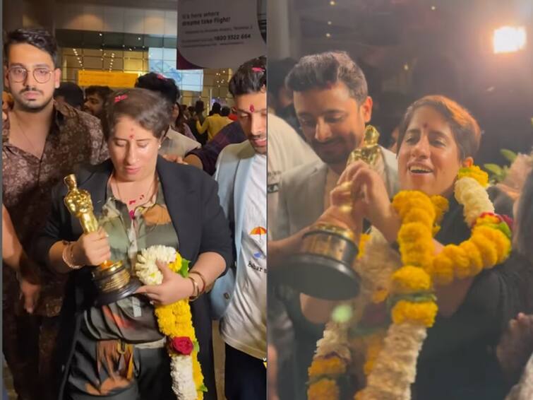 Guneet Monga reaches Mumbai after Oscar conquest producer of Oscar winning documentary short film The Elephant Whisperers Guneet Monga: ऑस्कर जिंकल्यानंतर गुनीत मोंगा भारतात पोहोचली; विमानतळावर जंगी स्वागत