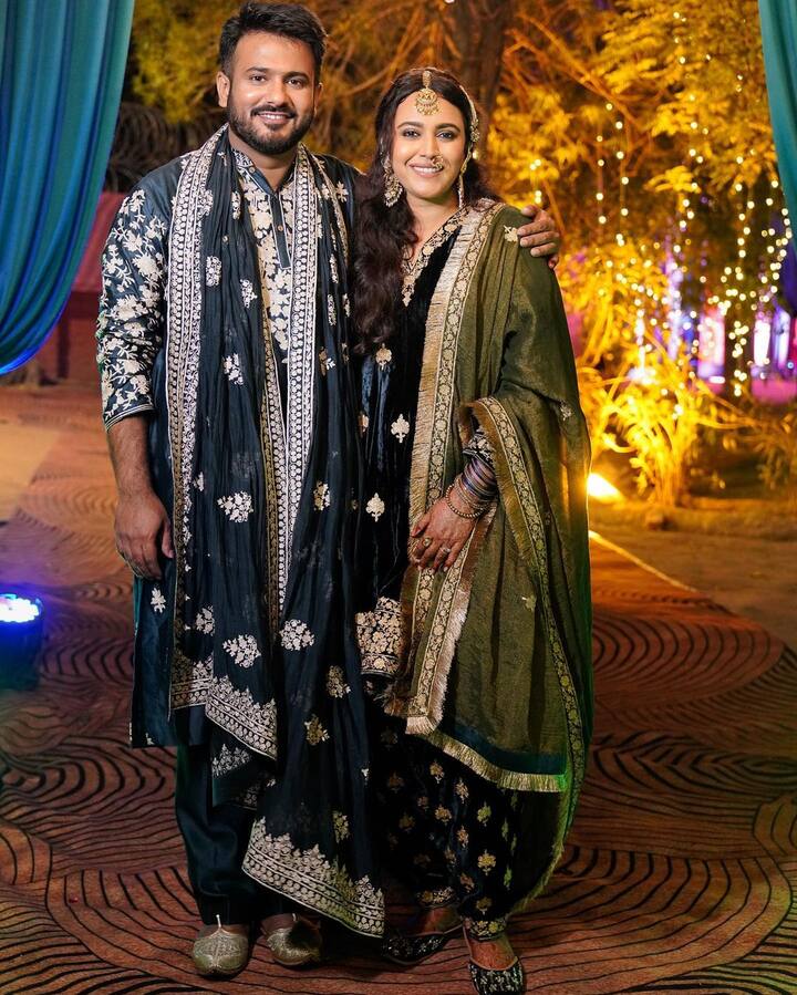 Swara was dressed in a black velvet kurta set with motifs all over it. She paired it with a green dupatta. She complemented her outfit with long earrings, a maang tika and a passa. Fahad, on the other hand, was dressed in black Sherwaani with gorgeous embroidery all over it. (Image Source: Instagram)