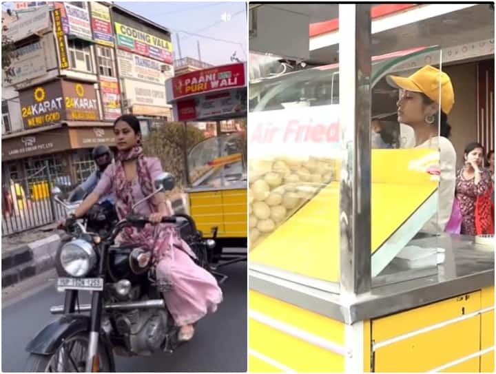Girl setting up BTech Panipuri stall in Delhi video goes viral Video: सोशल मीडिया पर छाई 'बीटेक पानीपुरी वाली', बुलेट पर लगाती हैं स्टॉल