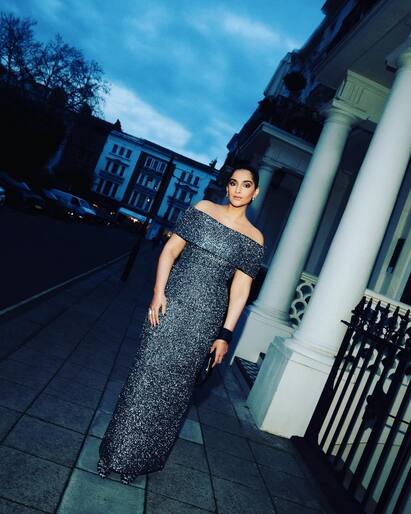 The actor dressed in an off-the-shoulder silver embellished gown and posted images on her Instagram page with the caption, Ready for a night out to launch @authoramish latest!