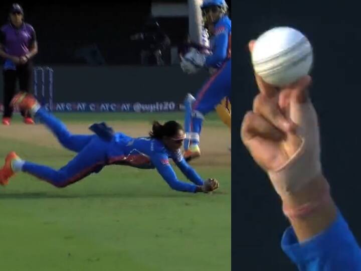 Watch Harmanpreet Kaur took an amazing catch in WPL Mumbai Indians Women vs UP Warriorz match see Viral video Watch: हरमनप्रीत कौर ने स्लिप पर पकड़ा हैरतअंगेज़ कैच, देखें कैसे दो उंगलियों में फंसी गेंद, वीडियो वायरल