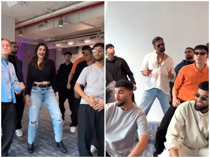 Raveena Tandon danced on Tip Tip Barsa Pani with Quick Style Suniel Shetty danced on Aankhon Mein Base ho tum  viral video 'टिप टिप बरसा पानी' पर रवीना टंडन ने किया  Quick Style डांस, सुनील शेट्टी बोले- आंखों में बसे हो तुम... देखें Viral Video