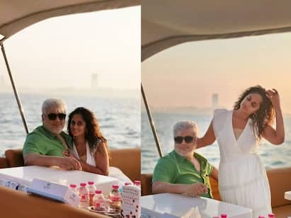 Ajith kumar Shalini Ajith travels in yacht photos goes viral Ajith - Shalini Photos: அக்கம்பக்கம் யாருமில்லா பூலோகம் வேண்டும்.. படகில் காதல் பொங்க பயணிக்கும் அஜித் - ஷாலினி!