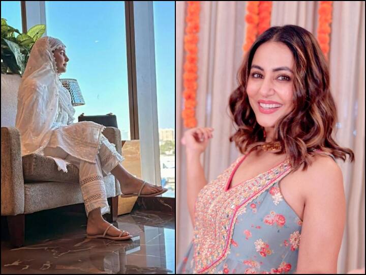 Hina Khan perform her first umrah before Ramadan she shared her picture from Mecca रमजान से पहले अपना फर्स्ट ‘उमराह’ करने मक्का पहुंचीं Hina Khan, व्हाइट सूट-हिजाब में शेयर की ये फोटो