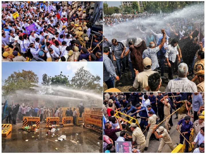 Water cannons were used by police to disperse private doctors protesting the Right to Health Bill as they attempted to march toward the state assembly.
