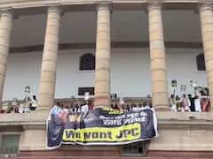 'We Want JPC': Oppn Hangs Banner With Adani Photo From Parliament Balcony — Watch