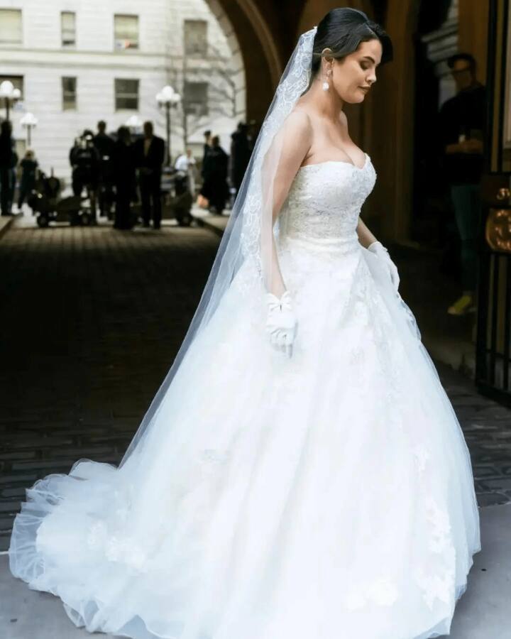The actor was seen on set wearing a bridal gown, and she later posted photos of herself.