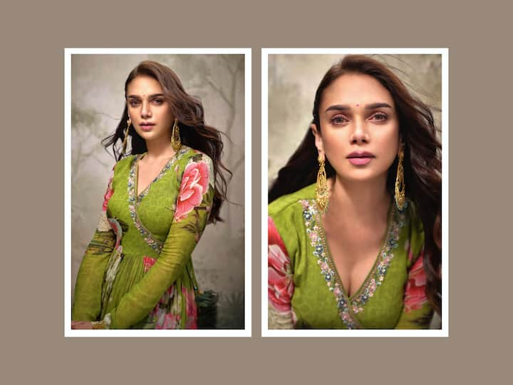 A flowery Angrakha kurta and palazzo were worn by Aditi Rao Hydari in the recent photos that she posted. Embracing the summer colours, she looked really gorgeous in the ethnic piece.