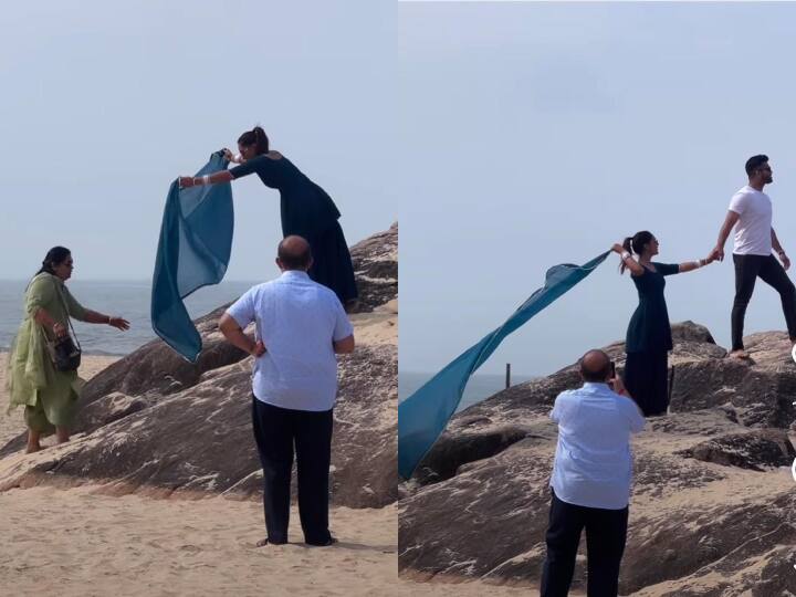 In laws helping son and daughter in law for clicking romantic picture viral video बेटे-बहू की परफेक्ट रोमांटिक फोटो खींचने में सास-ससुर ने की मदद, दिल जीत रहा है ये Video