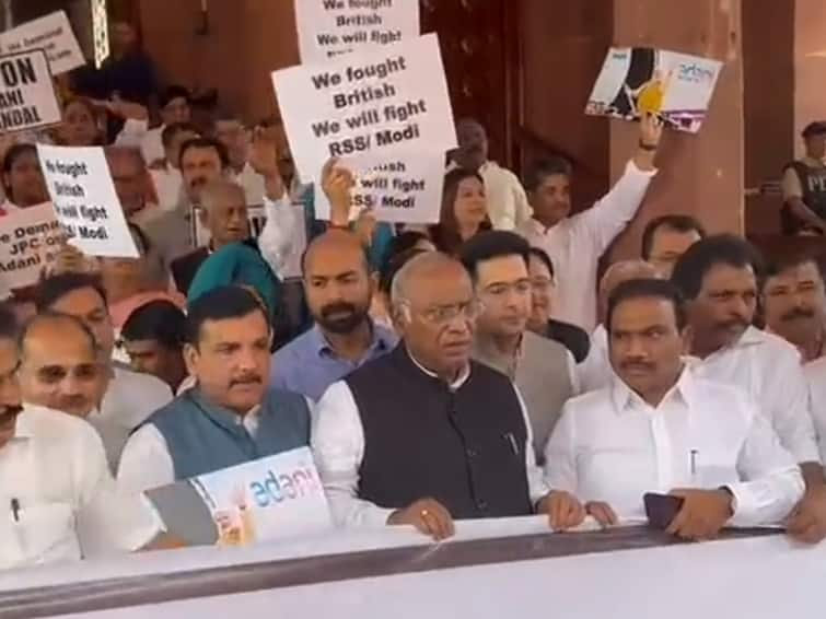 Mallikarjun Kharge, Congress On Opposition MPs March In Delhi Over Adani Group Row Rahul Gandhi Row Opposition MPs Protesting At Delhi's Vijay Chowk Seeking JPC Probe Into Adani Issue Detained