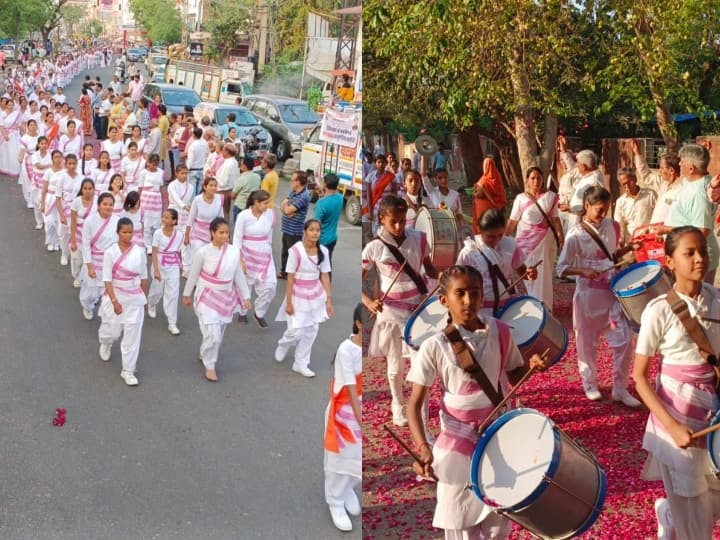 राजस्थान के कोटा में गणवेश पहने नन्हीं स्वयंसेविकाओं से लेकर बड़ी उम्र की महिला कार्यकर्ताओं का उत्साह देखते ही बन रहा था. आणक, प्रणव, वंशी और शंख से सजा घोष दल आकर्षण का केन्द्र था.