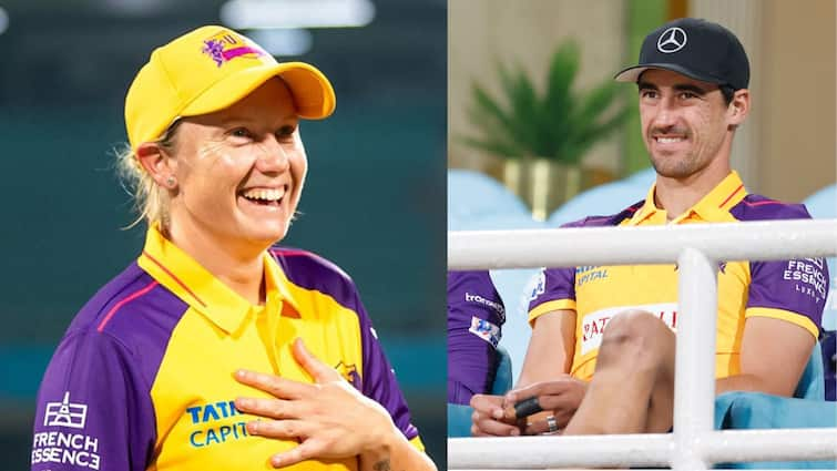 WPL 2023 Mitchell Starc Cheers Wife Alyssa Healy wearing UP Warriorz Jersey against MI-W see pic Mitchell Starc in WPL: স্ত্রী হিলির হয়ে গলা ফাটাতে ডব্লিউপিএলের প্লে-অফে গ্যালারিতে হাজির স্টার্ক