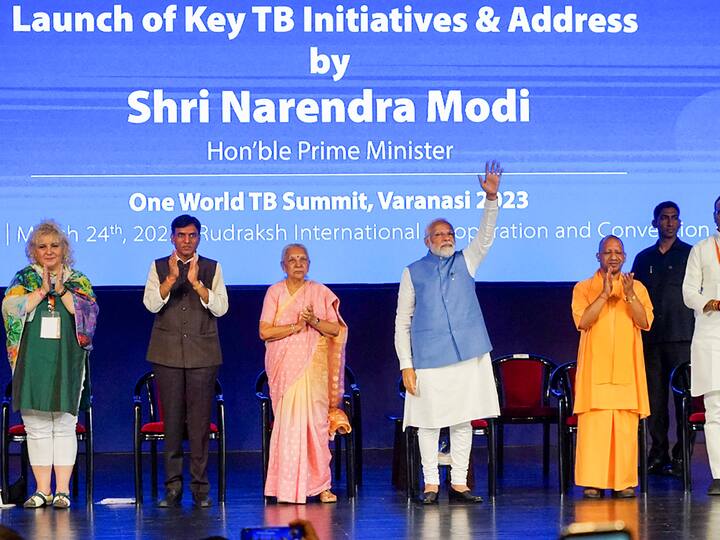 Prime Minister Narendra Modi with Union Health Minister Mansukh Mandaviya, Uttar Pradesh Governor Anandiben Patel, Chief Minister Yogi Adityanath and Deputy Chief Minister Brajesh Pathak during the One World TB Summit on World Tuberculosis Day, in Varanasi, Friday, March 24, 2023.