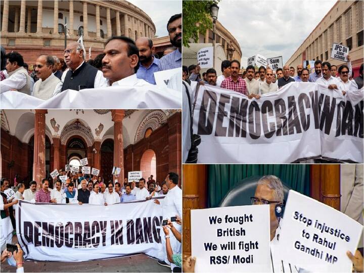 Opposition parties, led by the Congress, marched from Parliament House to Rashtrapati Bhavan, carrying a large banner that read 