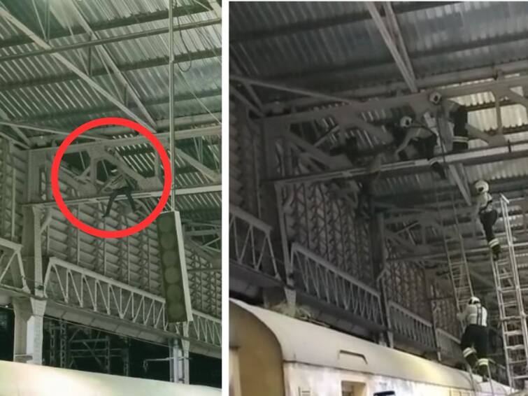 Mumbai Viral Video Chhatrapati Shivaji Maharaj Terminal railway station man was climbing an overhead wire pole and attempting to commit suicide Viral Video: सीएसएमटी स्टेशनवर हाय व्होल्टेज ड्रामा, माथेफिरु चक्क ओव्हरहेड वायरच्या खांबावर चढून बसला