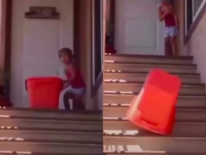 Two kids playing dangerous game in shocking viral video बच्चे ने छोटे भाई को बास्केट में बंद किया और फेंक दिया सीढ़ियों से नीचे...Video देख सहम गए लोग