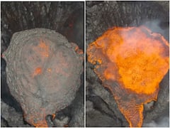 ज्वालामुखी में विस्फोट के बाद नदी की तरह बहने लगा लाल रंग का लावा, ड्रोन से कैद किया वीडियो