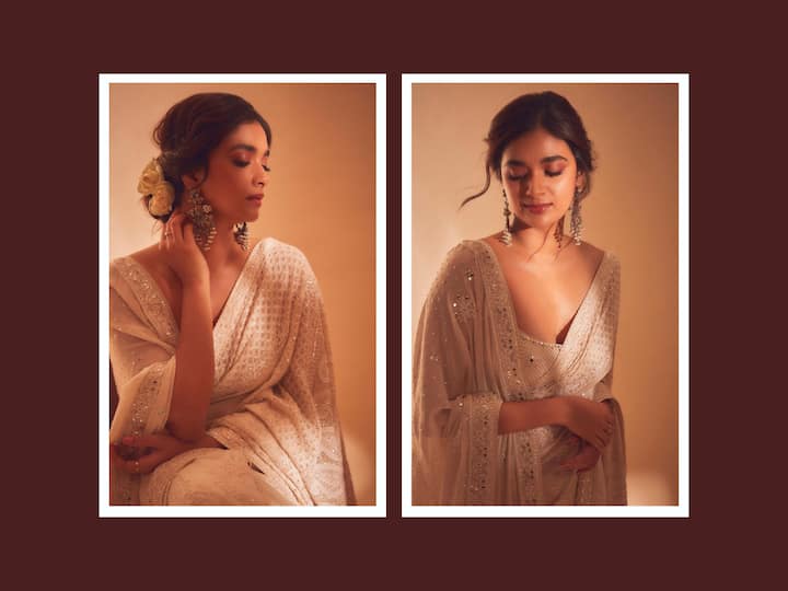 Keerthy Suresh is all set for the release of her Telugu action-drama movie 'Dasara' and is currently busy with promotions. Recently, she was seen in a beautiful white saree during one such event.