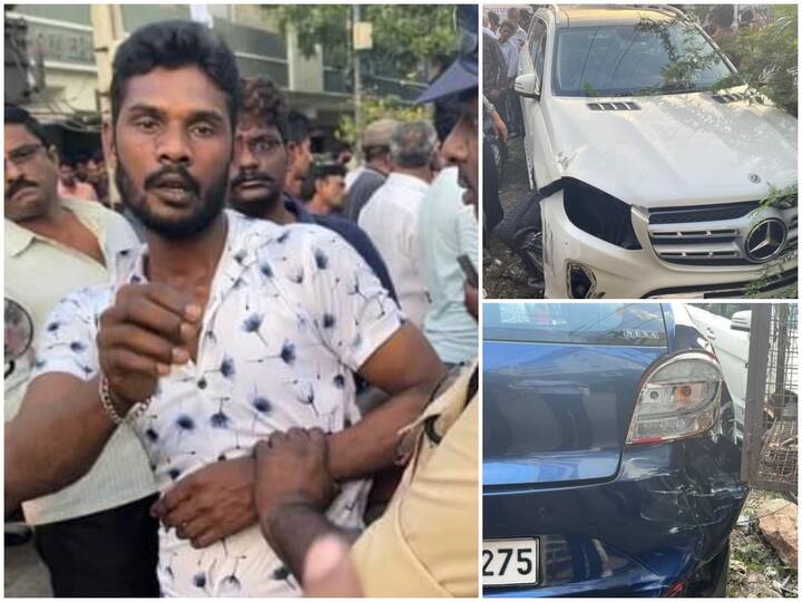 Guntur drunken driver road rage with benz car several cars damaged DNN Guntur News : గుంటూరులో బెంజ్ కారు బీభత్సం, మత్తులో ఉన్న డ్రైవర్ కు దేహశుద్ధి