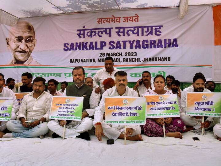 The Congress party on Sunday is holding a nationwide 'Sankalp Satyagraha' to register their anguish over the disqualification of Rahul Gandhi as a Lok Sabha MP.