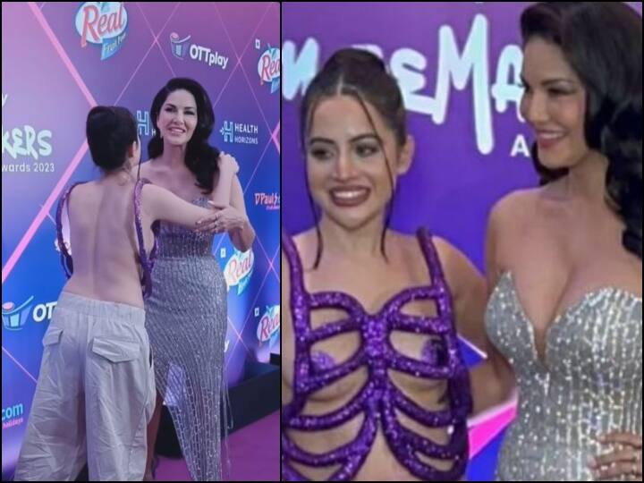 Uorfi Javed Sunny Leone hug each other and click pictures in front of Paparazzi at an award function people reacted Uorfi Javed के साथ पोज देते हुए अनकंफर्टेबल हुईं Sunny Leone! वीडियो देख फैंस कर रहे ऐसी चर्चा