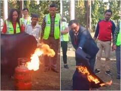 सिलेंडर गैस लीक में फायर कंट्रोल सिखा रही थी टीम... तभी कुछ ऐसा हुआ कि डर गए लोग! देखें वीडियो