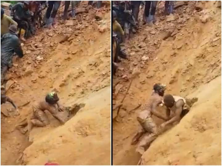 Trapped Miners in East Congo Tumble Out of Rubble Intact in Viral Video भारी बारिश के बाद ढह गई सोने की खदान, हैरतअंगेज अंदाज में निकलते दिखे फंसे मजदूर 