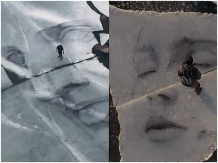artist is seen painting a portrait on a thin layer of floating ice in viral video पानी पर तैर रहे बर्फ की पतली परत के ऊपर आर्टिस्ट ने बनाई पेटिंग, ऐसा टैलेंट कम ही देखा होगा!
