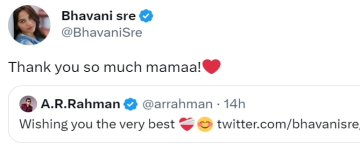 AR Rahman wishes Bhavani Sre: தேங்க்ஸ் மாமா.. ஏ.ஆர்.ரஹ்மானுக்கு நன்றி சொன்ன மருமகள் பவானி ஸ்ரீ