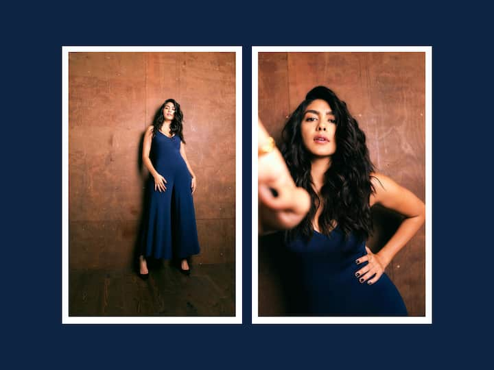 Mrunal Thakur recently posed in a navy blue jumpsuit that she wore during 'Gumraah' promotions. Take a look at the pictures.