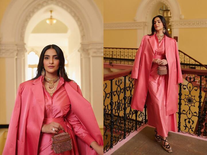 Sonam Kapoor wore a pink outfit by Dior which she complimented with Indian ethnic jewellery by Gem Palace. Sonam's mixing of western and ethnic Indian is an interesting look.  Check out.