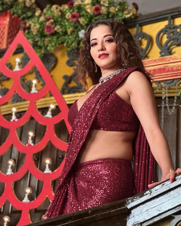 Monalisa wore a maroon sequins saree