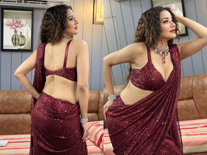 Monalisa raised the temperature with her latest photoshoot in a maroon sequins saree. See pics.