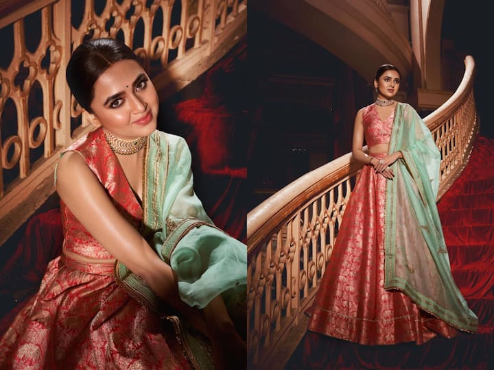 Tejasswi Prakash treated her fans to a brocade lehenga outfit by Raw Mango. The Naagin 6 actor looked stunning. See pics