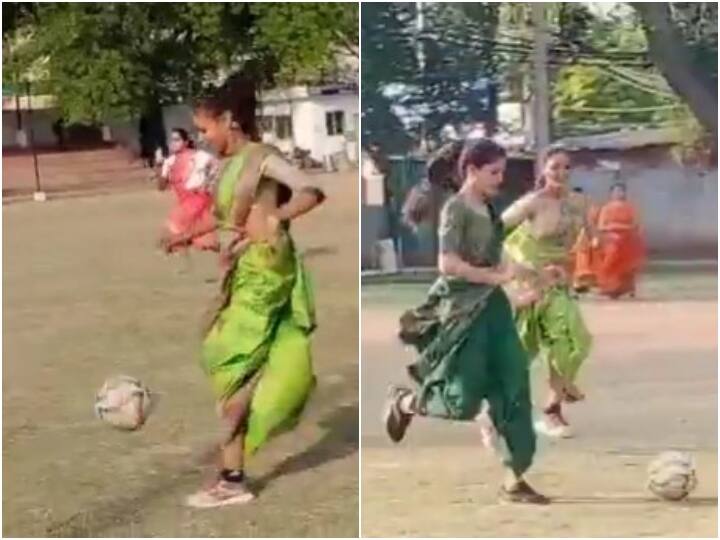 Women players were seen playing football wearing saris instead of sports jerseys Video: साड़ी पहनकर मैदान पर फुटबॉल खेलती नजर आई महिलाएं, वीडियो हुआ वायरल