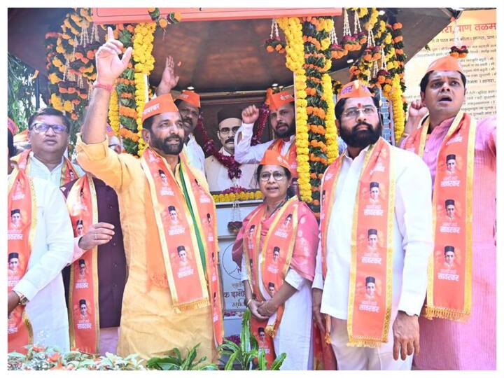 CM Eknath Shinde and some other leaders of the ruling Shiv Sena-BJP coalition participated in the yatra on a makeshift 'chariot' with a large photograph of Savarkar in the background. (Image: Twitter/@mieknathshinde)