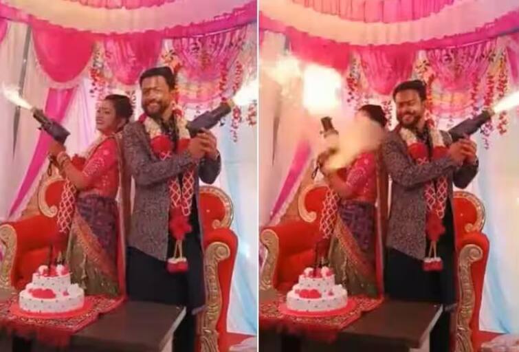 bride pulls off gun stunt on wedding day in scary viral video Viral Video: ਵਿਆਹ ਵਾਲੇ ਦਿਨ ਸਪਾਰਕਲ ਬੰਦੂਕ ਨਾਲ ਲਾੜੀ ਕਰ ਰਹੀ ਸੀ ਸਟੰਟ, ਹੱਥ 'ਚ ਫੜੀ ਬੰਦੂਕ