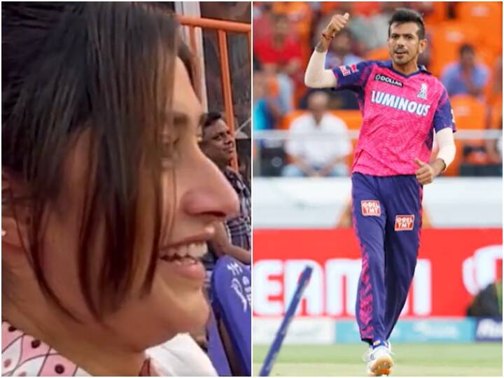 IPL 2023 Dhanashree Verma cheers for Yuzvendra Chahal in RR vs SRH game watch IPL 2023: युजवेंद्र चहल को चीयर करने पहुंची Dhanashree Verma, वीडियो में देखें दिलचस्प रिएक्शन