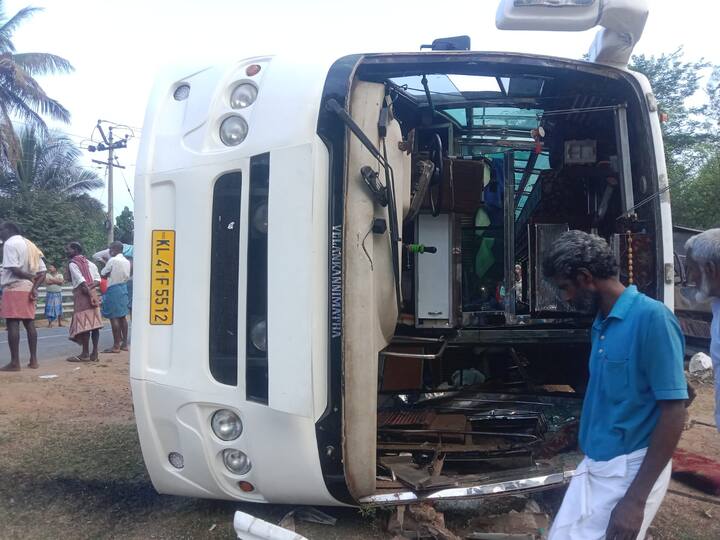 Bus overturns near Thanjavur, boy, old lady killed; 40 people were injured தஞ்சை அருகே பஸ் கவிழ்ந்து சிறுவன், மூதாட்டி பலி; 40 பேர் காயம்