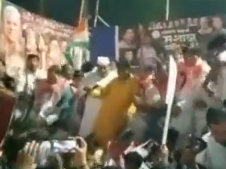 Stage Collapses In Chhattisgarh Bilaspur During Congress Protest Against Rahul Gandhi Disqualification No One Hurt Watch Stage Collapses In Chhattisgarh During Congress Protest Against Rahul Gandhi Disqualification, No One Hurt: Watch