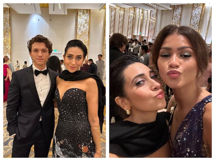 Karisma Kapoor shared a series of photographs posing with Hollywood stars Tom Holland and Zendaya at the opening night of the Nita Mukesh Ambani Cultural Centre (NMACC).