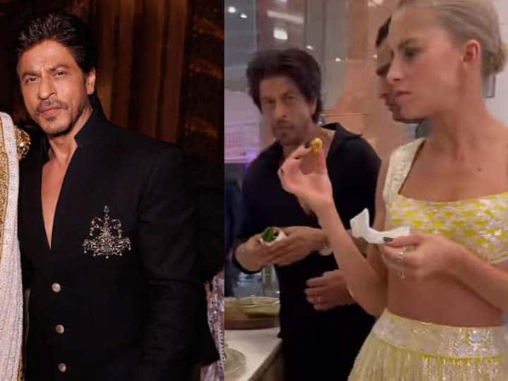 Shah Rukh Khan enjoys paan with German blogger at NMACC Lanuch Event fans video viral Shah Rukh Khan Video: अंबानी परिवार के इवेंट में पान खाते हुए दिखे SRK, जर्मन ब्लॉगर के साथ इस अंदाज में नजर आए 'पठान'