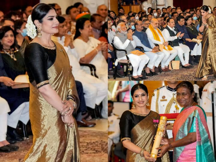 Raveena Tandon Padma Shri Award: बॉलीवुड की उम्दा एक्ट्रेस रवीना टंडन को हाल ही में राष्ट्रपति द्रौपदी मुर्मू ने पद्म श्री अवॉर्ड से सम्मानित किया है. जिसकी तस्वीरें अब सोशल मीडिया पर सामने आई हैं.