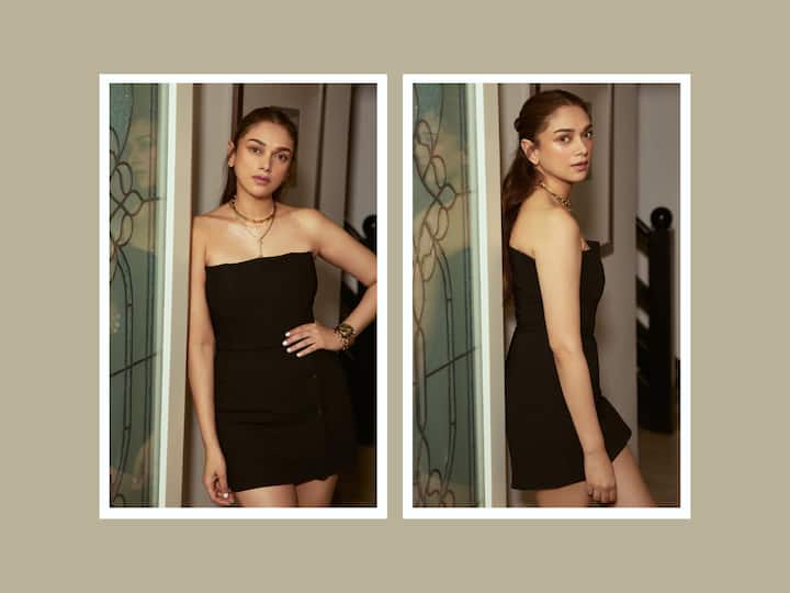Aditi Rao Hydari recently dropped a chain of pictures on her Instagram handle in a black tube dress that she had worn at the success party of 'Taj: Divided By Blood'.