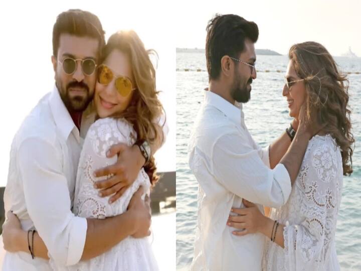 Ram Charan wife Upasana white theme baby shower held at Dubai recently and their lovable video celebration video goes viral Watch Video : வெள்ளை பேக் க்ரவுண்ட்.. ரம்மியமாக நடைபெற்ற ராம் சரண் மனைவி வளைகாப்பு ! வீடியோ..