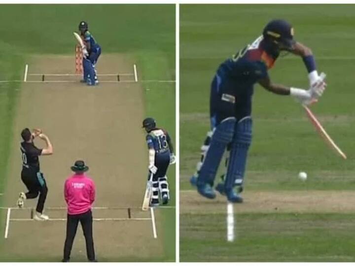 NZ vs SL New Zealand pace bowler Adam Milne Breaks Pathum Nissanka's Bat In Two Pieces watch Watch: एडम मिल्ने की स्पीड से टूटा श्रीलंकाई बल्लेबाज का बैट, सोशल मीडिया पर वीडियो हुआ वायरल