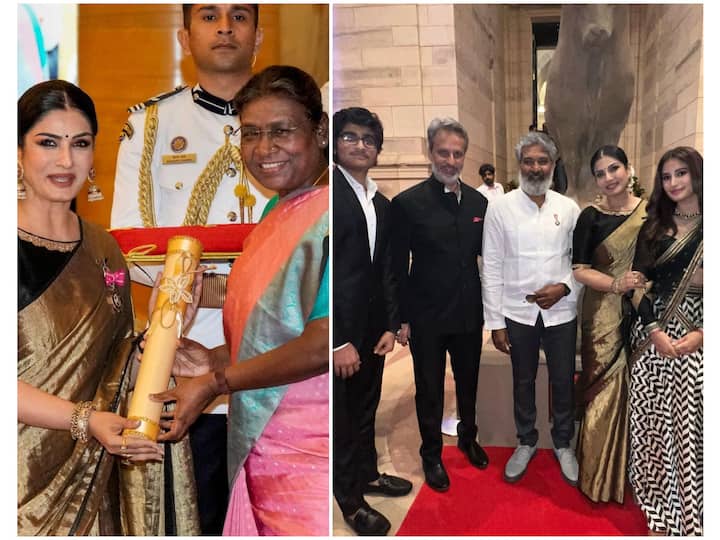 Actor Raveena Tandon was felicitated with India's fourth highest civilian award, Padma Shri, by President Draupadi Murmu at the Rashtrapati Bhawan on Wednesday.